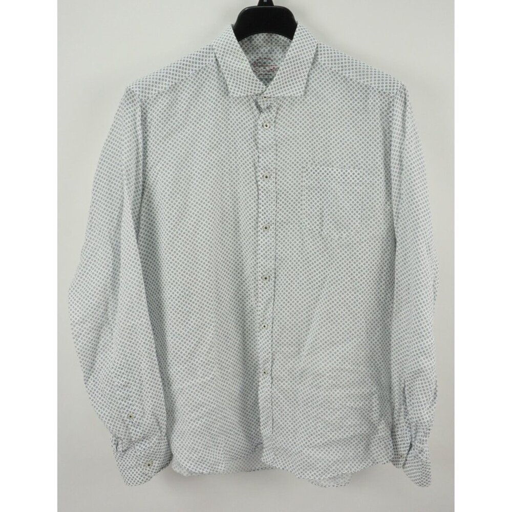 Camicissima Linen Men's 44 XL Long Sleeve White Blue Geometric Button Up Shirt